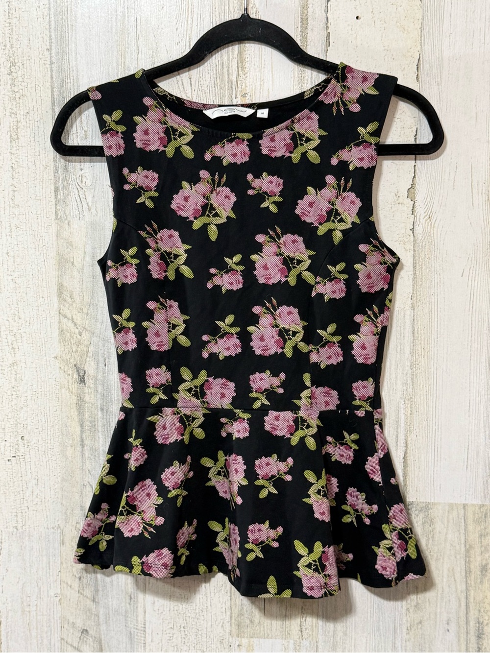 New Look Black Floral Peplum Top with Pink Roses